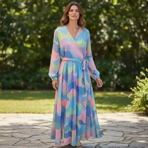 Studio EY Pastel Abstract Wrap Maxi Dress S Tie Waist‎ Boho Spring Resort Party